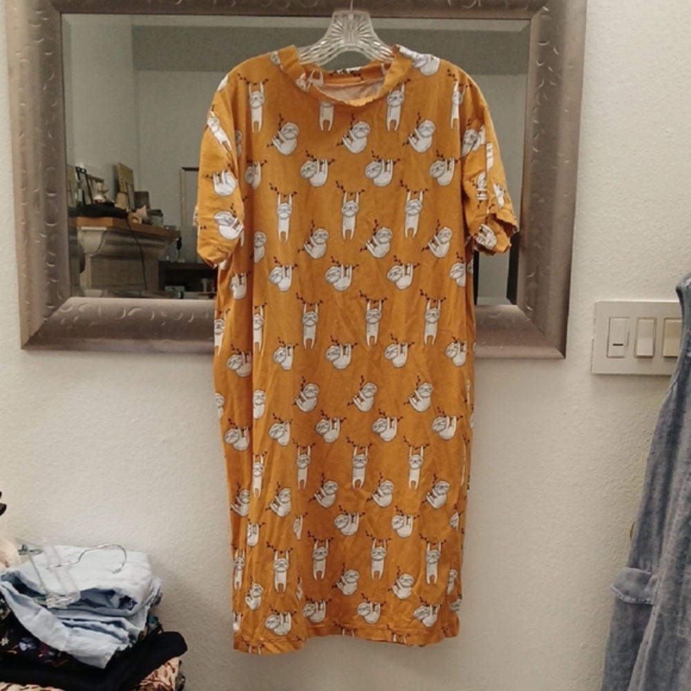 Handmade Mustard Sloth Print T-Shirt Dress